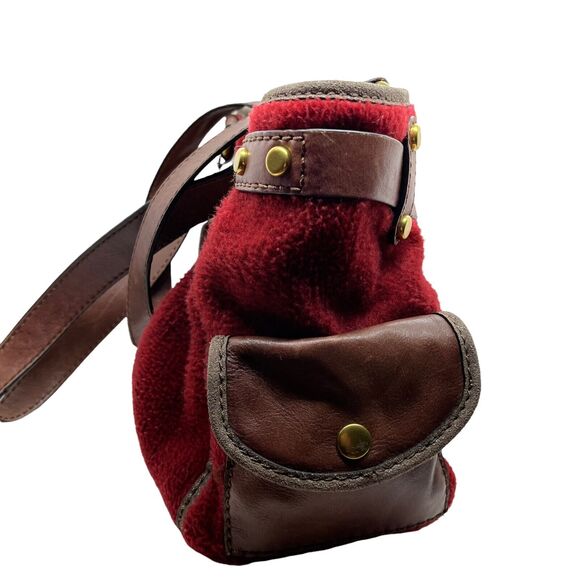 Fossil Tote Bag Womens Red Fleece With Brown Leather Trim Adrina Inner Pockets - Picture 4 of 16